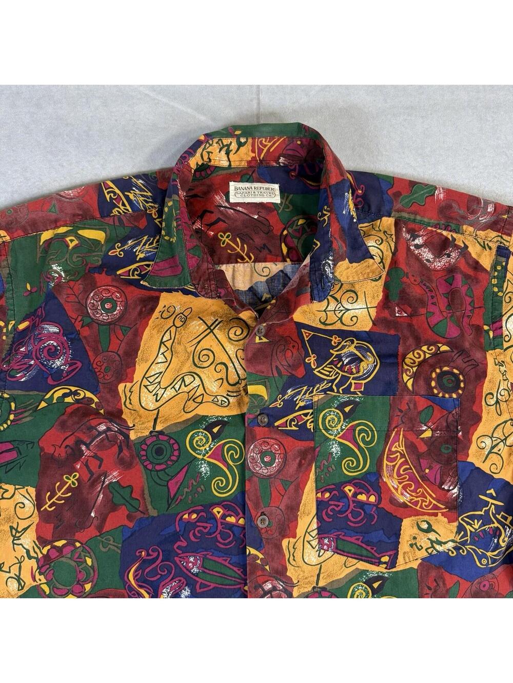 VTG 80s Banana Republic Safari Shirt Mens L/XL Blue Red Travel Cave Art Graphic - Picture 2 of 6